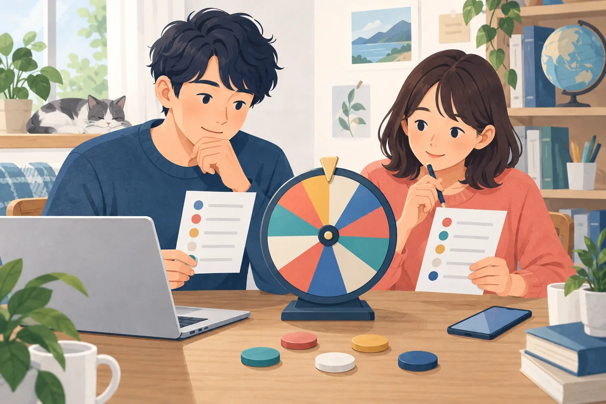 オンラインルーレットの候補をスマホとパソコンで確認するイラスト