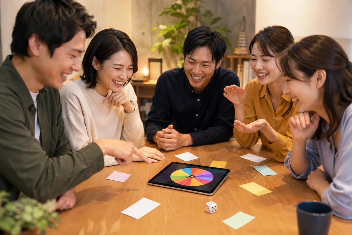友人同士が罰ゲームルーレットを囲んで安全に楽しむ様子